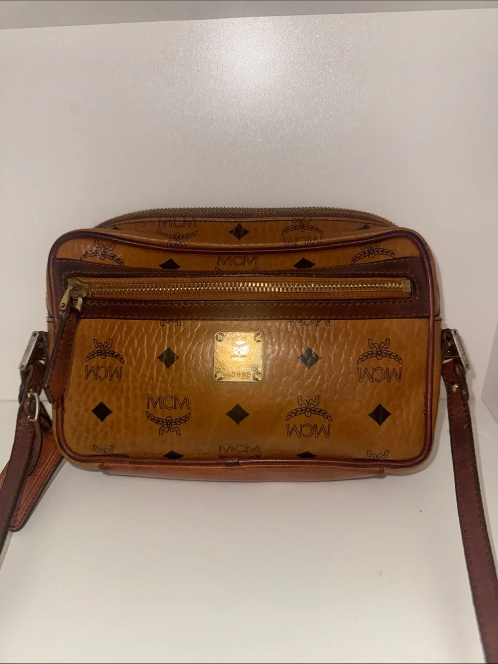 MCM Cognac Logo Visetos Messenger Crossbody